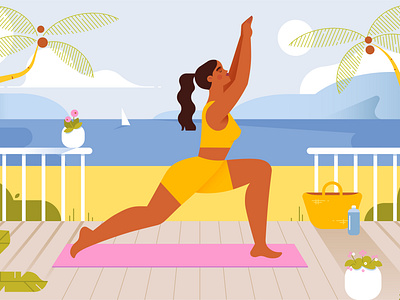 Yoga 2d adobe illustrator background beach character exercise flat illustration illustration tropical landscape vector illustration wellness woman yoga