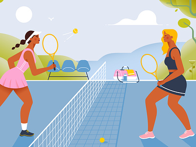 Tennis 2d adobe illustrator character competition flat illustration illustration tennis tennis court tournament training vector illustration woman