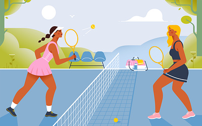 Tennis 2d adobe illustrator character competition flat illustration illustration tennis tennis court tournament training vector illustration woman