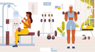 Gym 2d adobe illustrator character design exercising female flat illustration gym physical activity sportive lifestyle vector illustration woman workout