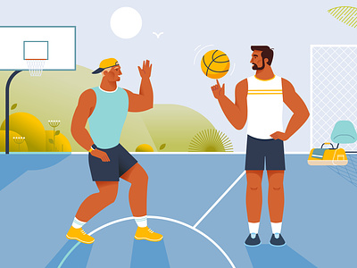 Basketball 2d adobe illustrator basketball character design flat illustration game male team man outdoors player vector illustration