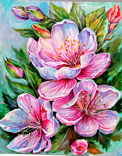 Original Ukrainian painting: pink flowers, Flora of Ukraine acrylic art flower hand painted handmade paint painting ukraine