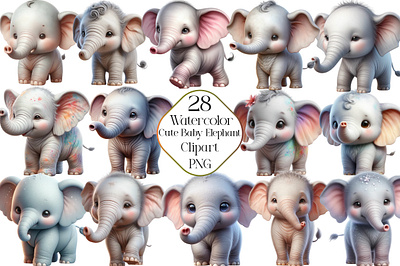 Watercolor Cute Baby Elephant Clipart baby shower