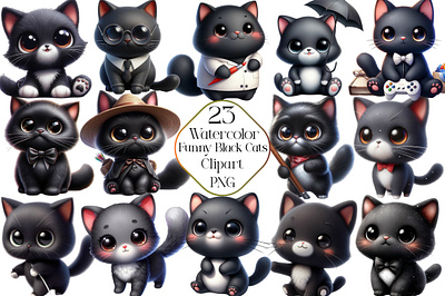 Watercolor Funny Black Cats Clipart clipart bundle