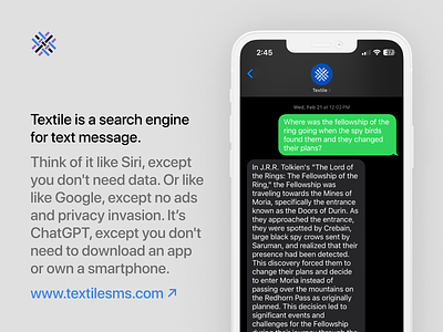 Textile - SMS search engine powered by AI ai app branding chatgpt design mobile product sms