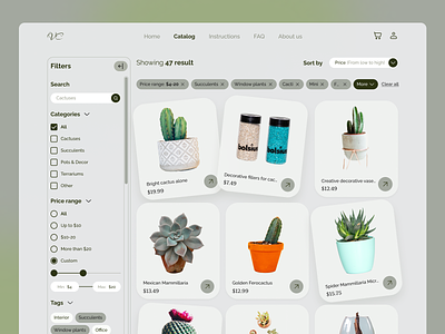 Filter page on the cactus catalog website cactus cactus shop catalog categories design filter by filter page filters inspiration price range shop sort by tags ui ui ux ux website