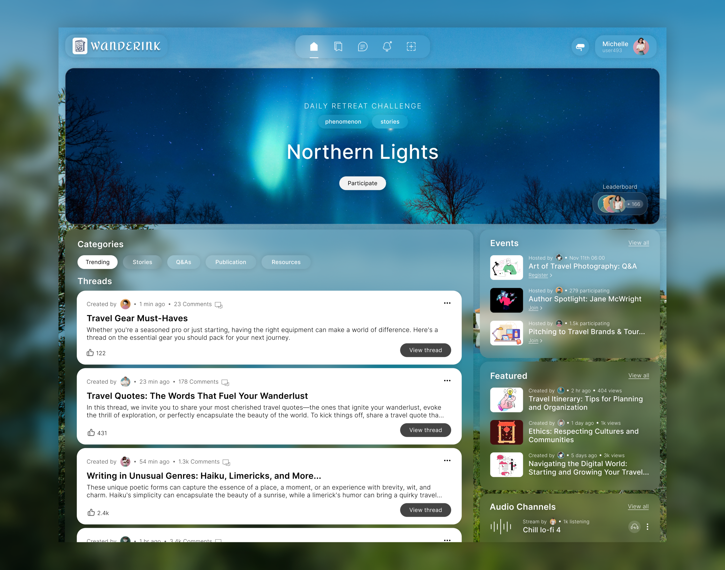 WanderInk: Homepage Design for Travel Writers app design community customizable design challenge events feed glassmorphism home page homepage interaction design list of events posts product design prototyping themes ui ux design visual design web design writers