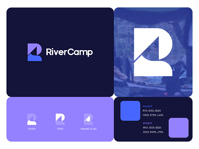 RiverCamp - Logo Design app icon mark symbol branding flat minimalistic logo hiking letter r monogram logo logo logo designer meaning logo design nature negative space logo river tenting startup business logo