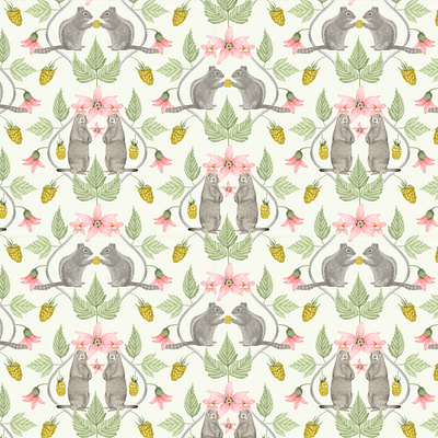 Chipmunks & Marmots acorn details animal pattern berry and leaves botanical drawing childrens book illustration cute animal design decorative print fabric pattern fauna and flora floral pattern hand drawn animals marmot illustration nursery decor design pastel wildlife art seamless pattern squirrel illustration textile design whimsical illustration wildlife art woodland creatures
