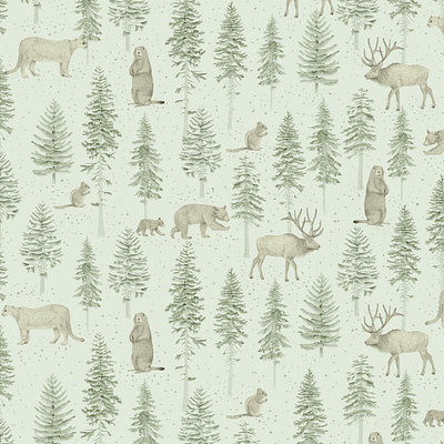 Olympic National Park forest animal illustrations bear illustration coniferous earth tones enchanted forest evergreen forest fauna and flora forest animals mountain fauna natural habitat depiction nature pattern outdoor theme reindeer drawing squirrel sketch textile design wilderness wallpaper wildlife art winter woodland woodland scene