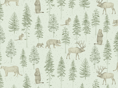 Olympic National Park forest animal illustrations bear illustration coniferous earth tones enchanted forest evergreen forest fauna and flora forest animals mountain fauna natural habitat depiction nature pattern outdoor theme reindeer drawing squirrel sketch textile design wilderness wallpaper wildlife art winter woodland woodland scene