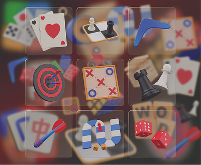 Games 3D Icon Set 3d 3d icons board games boomerang card games chess dart dice family games friends games gamble games games 3d icon icons illustration playing cards poker card tik tak toe ui vector