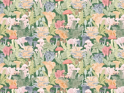 Mushroom and Ferns Pattern botanical pattern botanical wallpaper decorative botanicals earthy tones eco style background fern motif foraging theme forest fungi fungus and fern design mushroom illustrations mycology art natural world design nature inspired textile organic pattern design pastel mushroom pattern plant and mushroom art seamless nature pattern verdant underbrush design wilderness print woodland flora