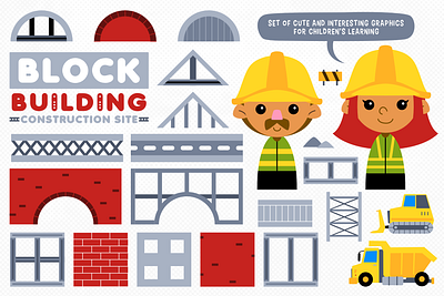 Block Building Construction Site Set building bulldozer cartoon character children illustration clipart construction site design education graphic illustration kids illustration vector worker