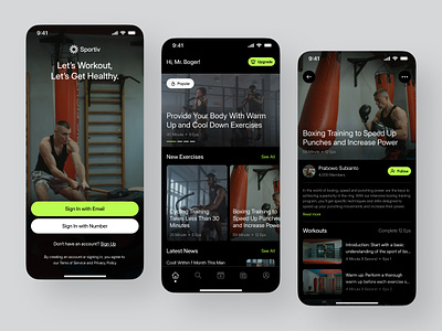 Sportiv - Workout Mobile App activity coach dark mode exercise fitness gym health healthy mobile news sport sport center sports training video wellness workout