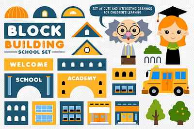 Block Building School Set building cartoon character children illustration clipart design element graphic illustration kids illustration school shape student teacher vector