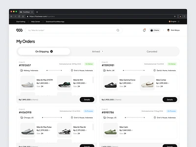 Footwear - Shipment Page card checkout commerce dashboard e commerce online order online store order order page product design product order shipment shipping status tabs ui ui design uiux web design website