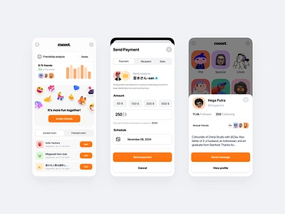 Meeet Social App 🦄 app app design bold clean colorful flat friends ios media mobile mobile app orange orenji social social media social network social networking ui ux wallet