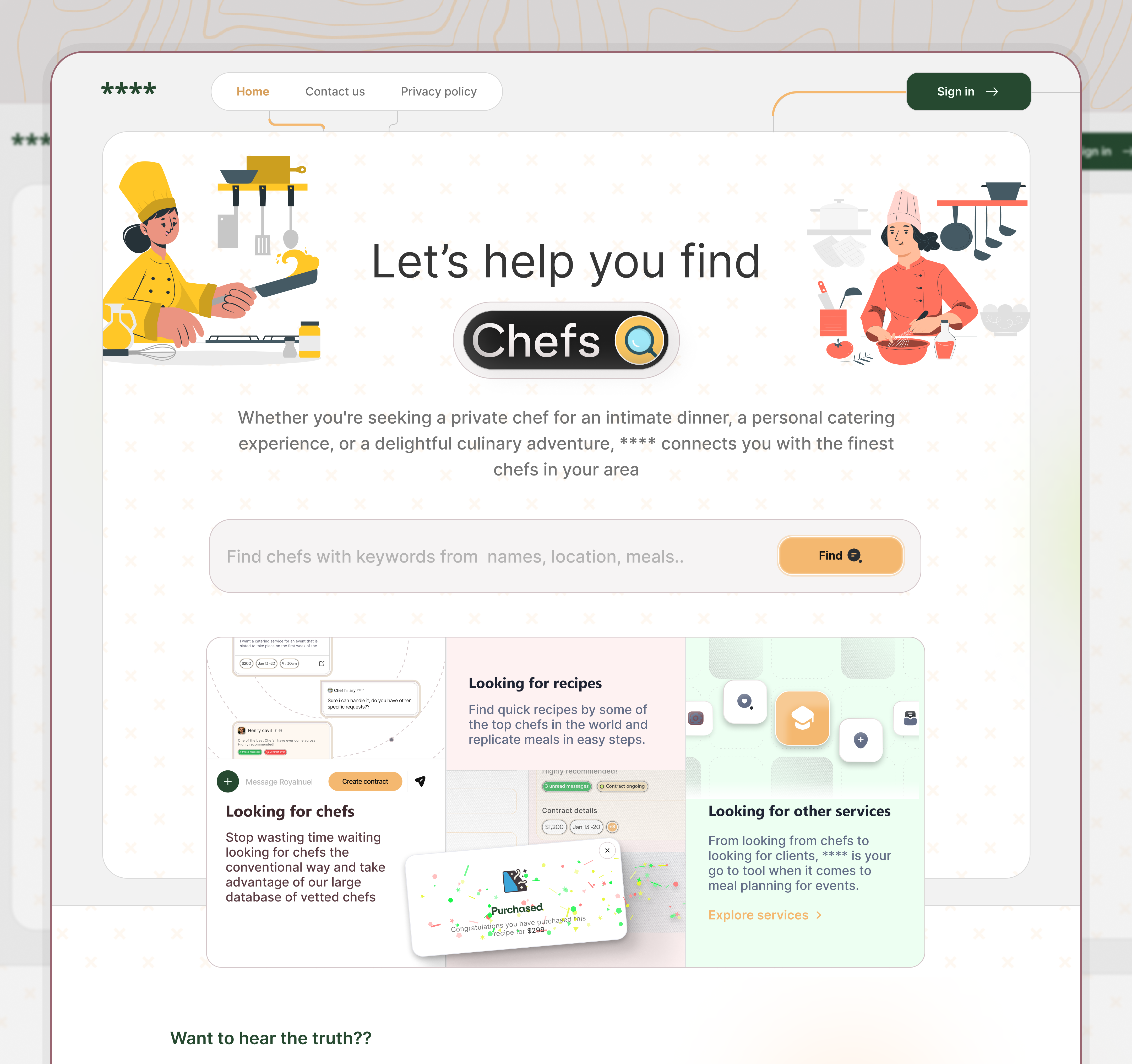 Landing page Hero bento cards chefs find chefs landing page light mode