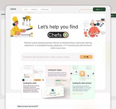 Landing page Hero bento cards chefs find chefs landing page light mode