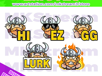 Twitch emotes viking warrior lurk, hi, gg, ez & rage pack animated emotes anime cute design discord emote emotes ez gg hi illustration logo lurk man rage sub badge twitch emotes valhala viking viking emotes