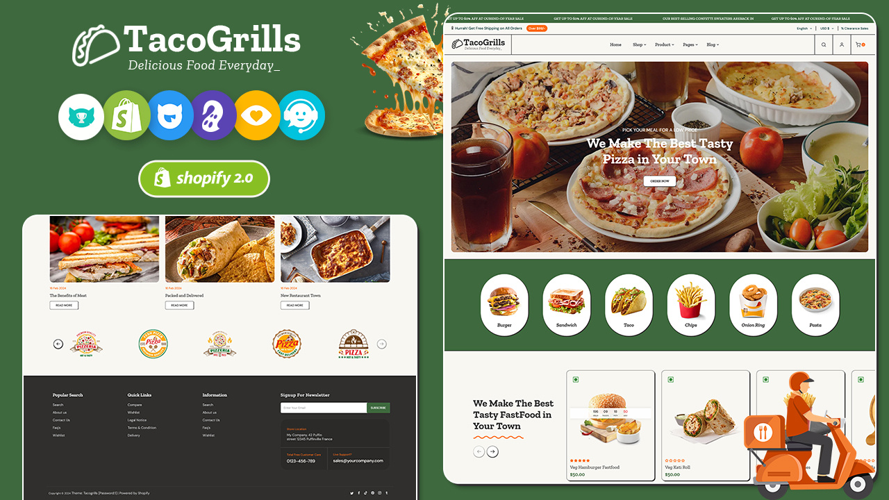 TacoGrills – Burger, Pizza & Fast Food – eCommerce Theme design drinks food illustration opencart pizza prestashop templatetrip woocommerce wordpress