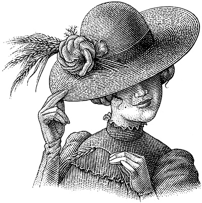Lady in a hat black and white engraving girl hat illustration lady portrait scratchboard woman woodcut