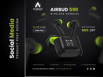 Product Social media post design for Audionic Earbuds adobe illustrator adobe photoshop banner brand branding earbuds social media post design graphic design graphics illustration logo logo design post design product social media post sagar gabol social media post social media post design vector