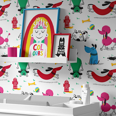 Close up of kids repeat pattern and photo frame illustrations branding graphic design
