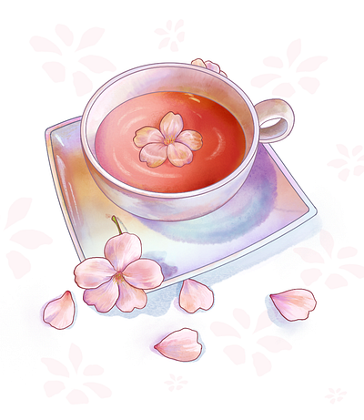 Cherry blossom tea art study digital watercolor illustration watercolor art