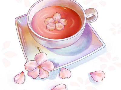 Cherry blossom tea art study digital watercolor illustration watercolor art