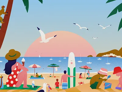 FAYE beach birds character children clouds hiking holiday illustration park picnic scenes summer travel umbrella vector