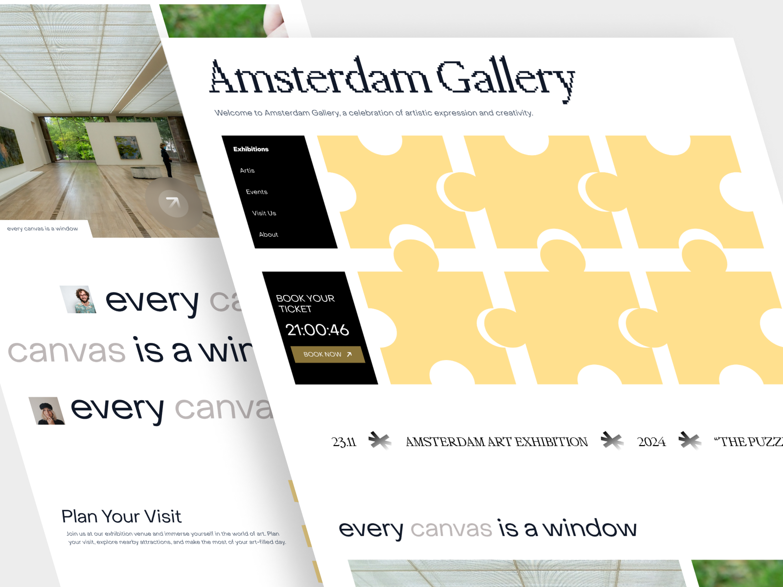 Amsterdam Gallery - Art Exhibition Landing Page Website animation app art art exhibition art gallery design landing page motion motion graphics puzzle ui ui design ux web web design website
