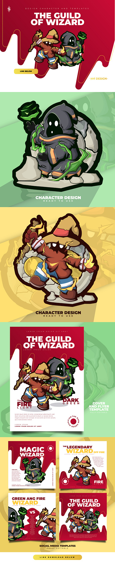 THE GUILD OF WIZARD branding character cover design fire flames flyer graphic design green illustration instagram magic post social media vector wizard