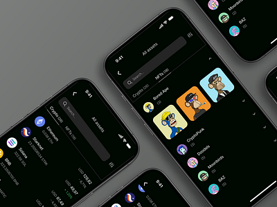 CoinWell Wallet - All Assests app assets clean cryptocurrency dark mode ethereum figma ios list mobile mobile app nft product design search ui ux wallet