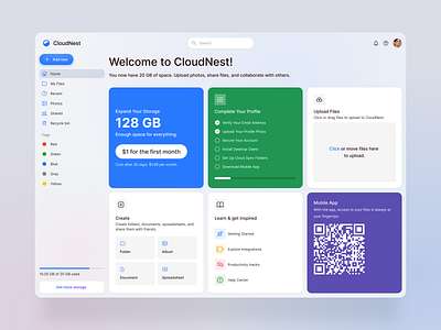 CloudNest - Welcome screen app cloud cloud app cloud storage dashboard design dropbox file management file sharing files google drive saas ui ux web app web app design