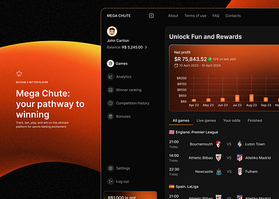 Mega Chute - dynamic sports betting dashboard✨ analytics app dark dashboard design figma sport ui ux