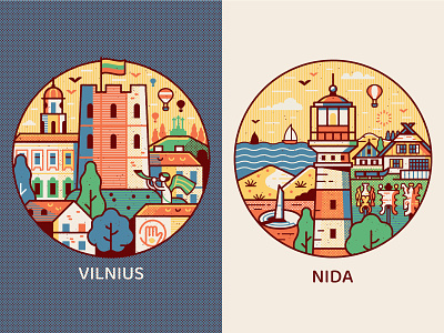 Vilnius and Nida Travel Icons badge baltic cities emblem flat design fort gediminas icons landmarks lighthouse line art lithuania nida sea tower travel vilnius