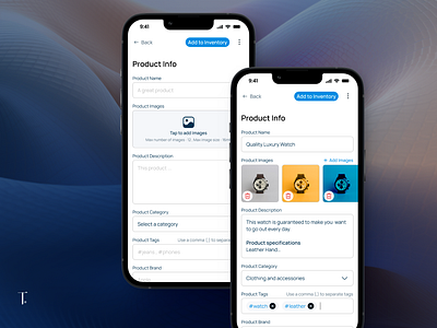 Add Product to Inventory for Connectus Mobile E-commerce App 3d branding clean dark design ecommerce gradient graphic design images upload inventory mobile mockup presentation product product design saas shots ui ux varieants