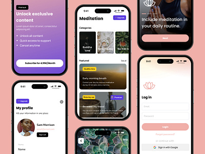 Meditation app audios bravo studio community design figma home page in app purchase kits login meditation mobile app product design profile page relax signup page subscriptions template ui ux yoga