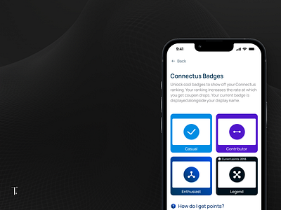 Gamification Badges for Connectus Social eCommerce mobile app abstract badges blue clean custom illustration dark gamification illustration minimal mobile mockup monochromatic presentation saas shots ui ui design ux ux design