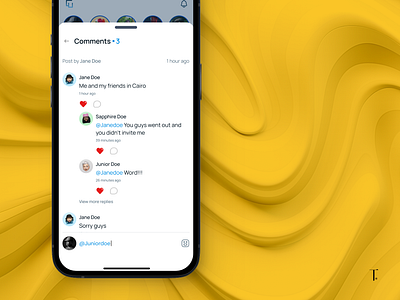 Comments feature for connectus social ecommerce mobile app active branding comments communication design heart illustration mobile mockup presentation saas shots social social media ui ui design user ux ux design yellow