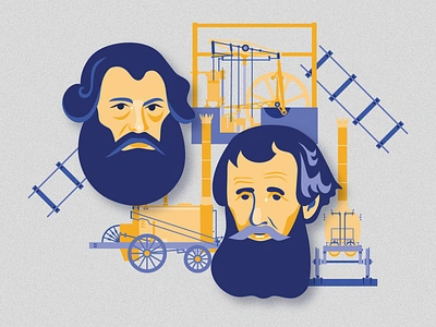 Yefim and Miron Cherepanov and their inventions beard cherepanov design education engine engineer engineering geometric history illustration invention locomotive men portrait rails railway science technology train vector