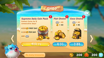 Fish Game UI-In Game Store accessibility card shop design cartoon style cinematic ui clear hierarchy coin collection custom icons daily rewards domino qiuqiu flat design game shop design gaple in app purchase microinteractions minimalist ui mobile game monetization one handed gameplay shop ui treasure hunt game vip membership