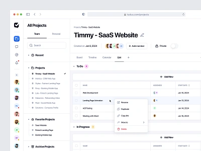 Tuduu - List View dashboard list dashboard list view management product design productivity app project management schedule scheduling task app task list task list view task management task management dashboard task manager team to do web app web design