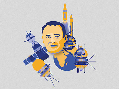 Sergei Korolev and his inventions astronaut astronomy branding design earth education engineering geometric illustration korolev man portrait rocket satellite science scientist space spaceship technology vector