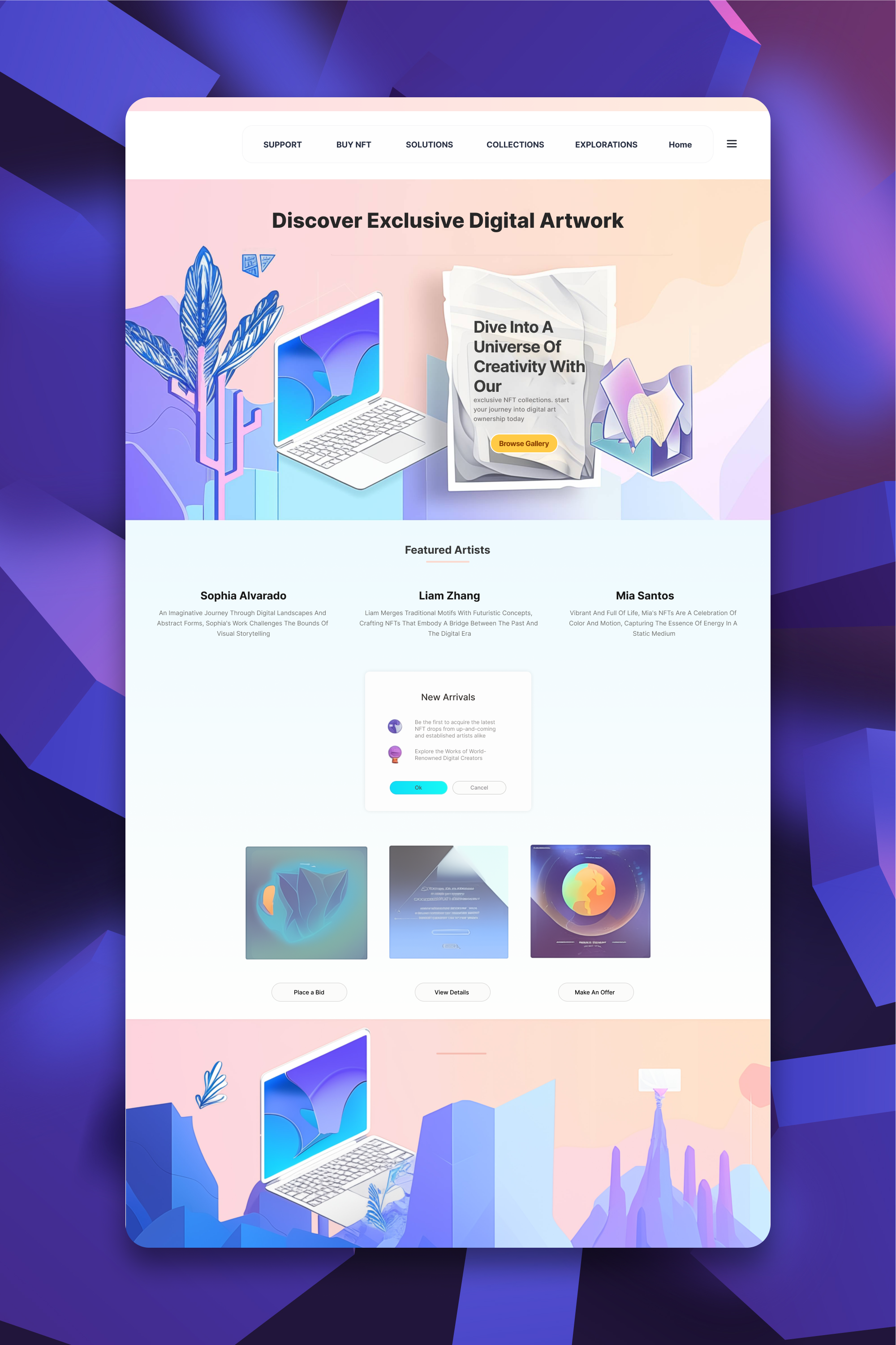 Digital Art Collection NFT Marketplace artmarketplace artmarketplacewebsite blockchain crypto cryptoart dapp design digitalart digitalartnftmarketplace landingpage nft nftcollection nftmarketplace nfts opensea ui uiinspiration uiux wallet website