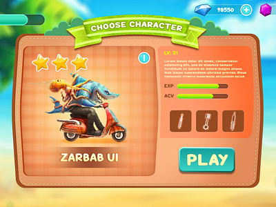 Candy Game UI-Character Selection avatar selection button design character customization character portrait character selection menu game asset design game character design graphic design in app purchases level indicator mobile app design mobile game ui design play button progress bar shop menu text box ui unlockable characters user interface (ui) design