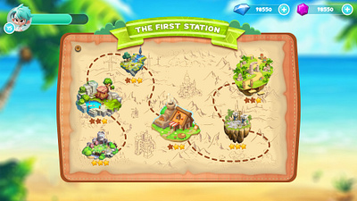 Candy Game UI- Map / Stage / Level Select cartoon map coin collection compass icon exploration game (if applicable) fog of war (if applicable) game asset design game map design illustration island map menu button mobile app design mobile game ui parchment texture progress bar star rating system task list treasure hunt map user interface (ui) design