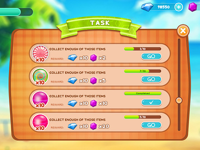 Candy Game UI-Achievements & Challenges animation arrow buttons beach theme cartoon style casual game game level design graphic design level map level select menu lock icon menu button mobile app design mobile game ui design progress bar star rating system summer theme ui user experience (ux) design world map